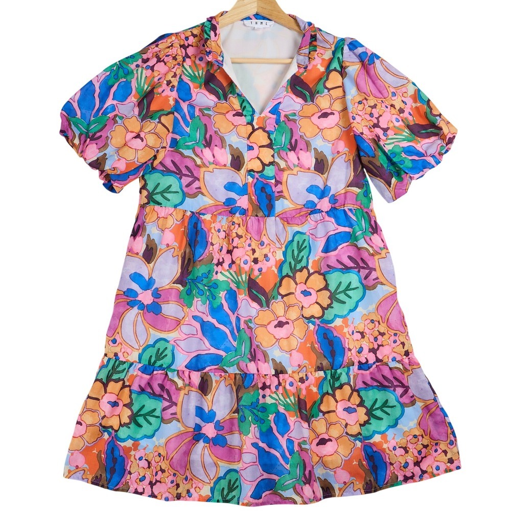 THML Womens XS Multicolor Abstract Floral Tiered Puff Sleeve Mini Dress